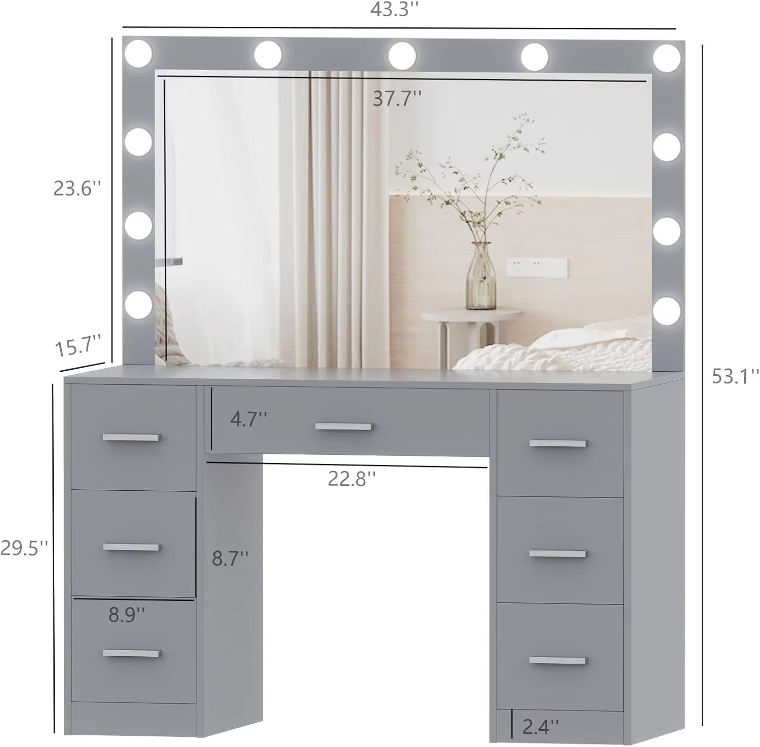 Vanity Table, Makeup Table with Lighted Mirror, 3 Color Lighting Modes, Brightness Adjustable, Dressing Table with Drawers