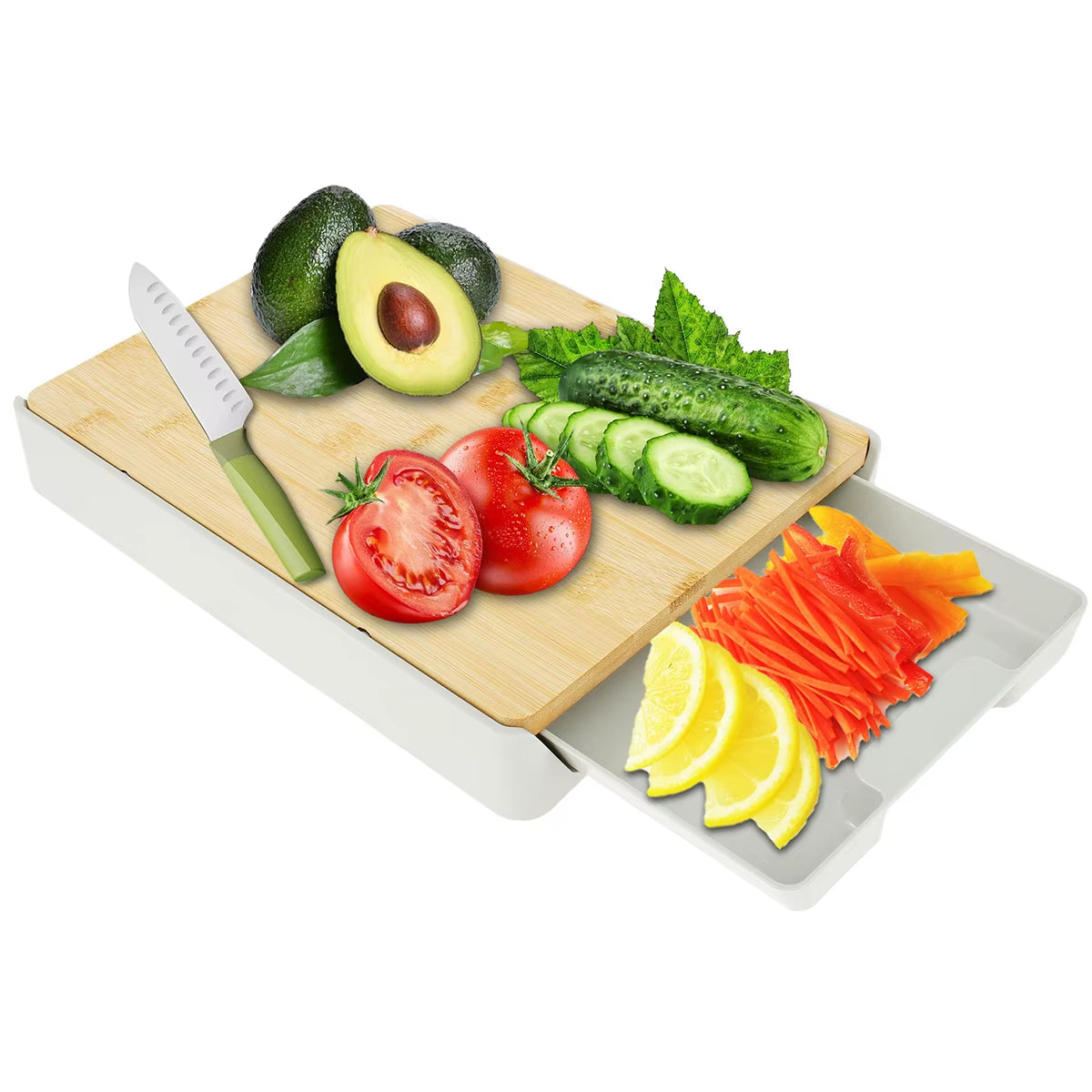 Bamboo Cutting Board with Slide-Out Drawer Tray Wear Resistance Space-Saving Drawer Cutting Board Eco-Friendly Kitchen Gadgets