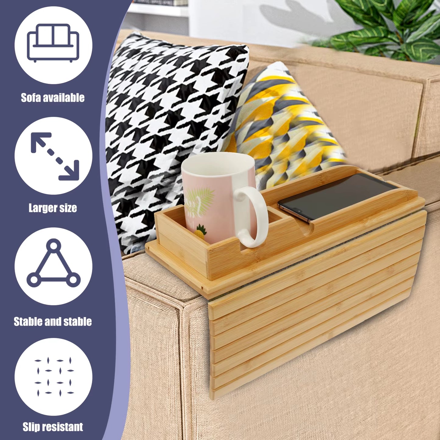 Couch Cup Holder Bamboo Wood Sofa Armrest Tray Foldable Sofa Cup Holder Anti-Slip Couch Arm Cup Holder Sofa Side Storage Tray