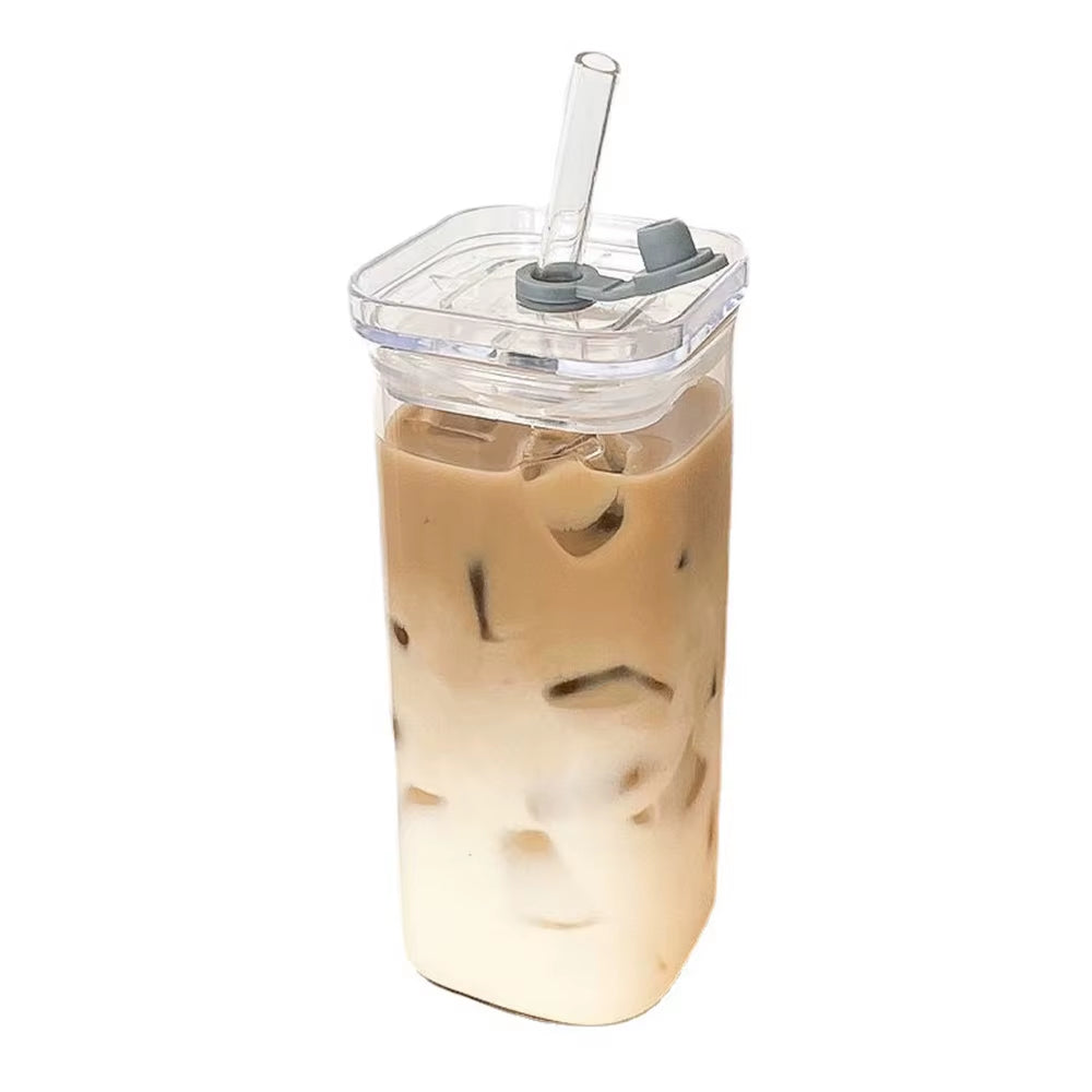 400Ml Cuboid Stripe Glass Cup Transparent Glass with Lid and Straw Ice Coffee Mug Tea Cup Juice Glass Water Cups Drinkware