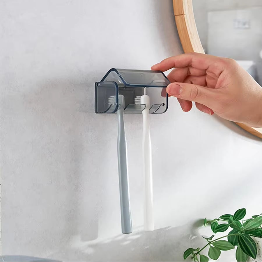 Toothbrush Holder Wall Mounted with Cover 2 Slots Toothbrush Storage Organizer Shower Self Adhesive Toothbrush Hanger Rack