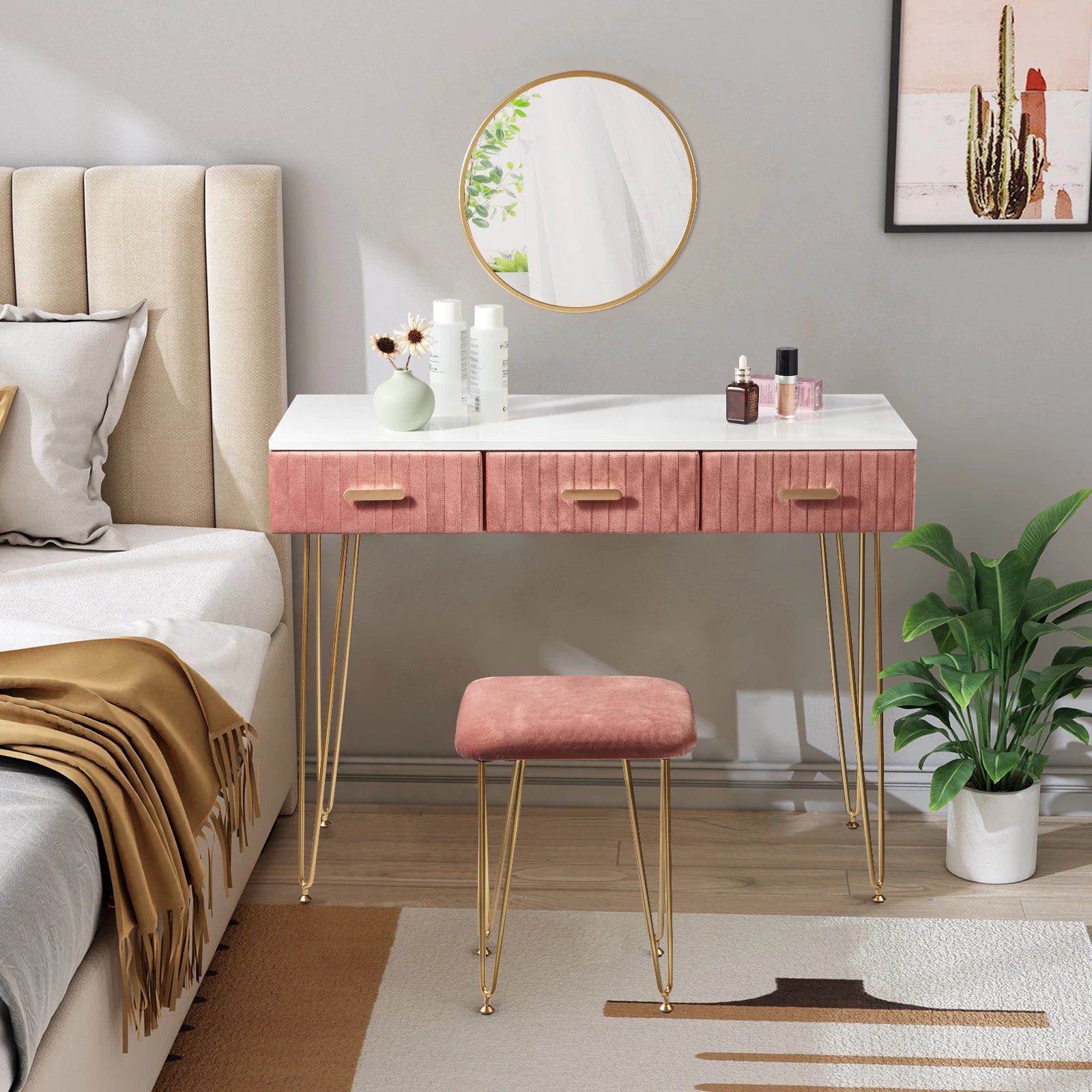 Modern Dresser Dressing Table with Stool Mirror Drawers Cosmetic Table for Bedroom Pink/Grey Makeup Vanity Table Home Furniture