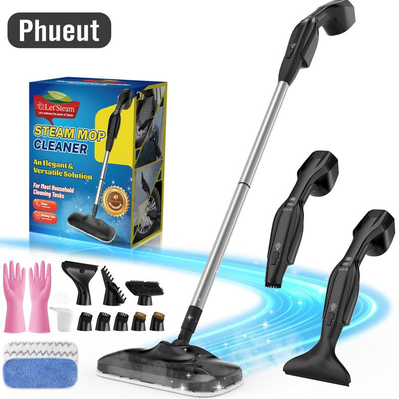 Phueut Powerful Heavy Duty Steam Mop with 17 Accessories for Deep Cleaning, Portable and Multifunction Floor Steamer for Hardwood, Grout and Windows