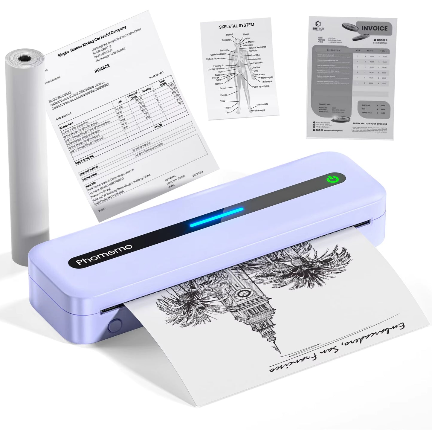 M832 Portable Printer A4 BT Printer for Travel 300Dpi Wireless Inkless Thermal Printer Use in Ios Android Phone Laptop