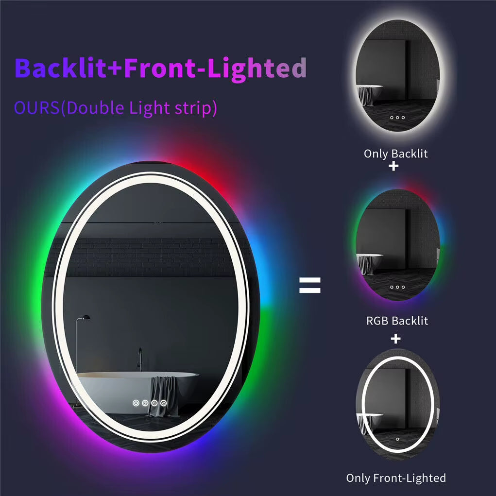 RGB Bathroom Mirror with Light Smart Oval LED Dimmable Anti-Fog Shower Mirror with Touch Screen