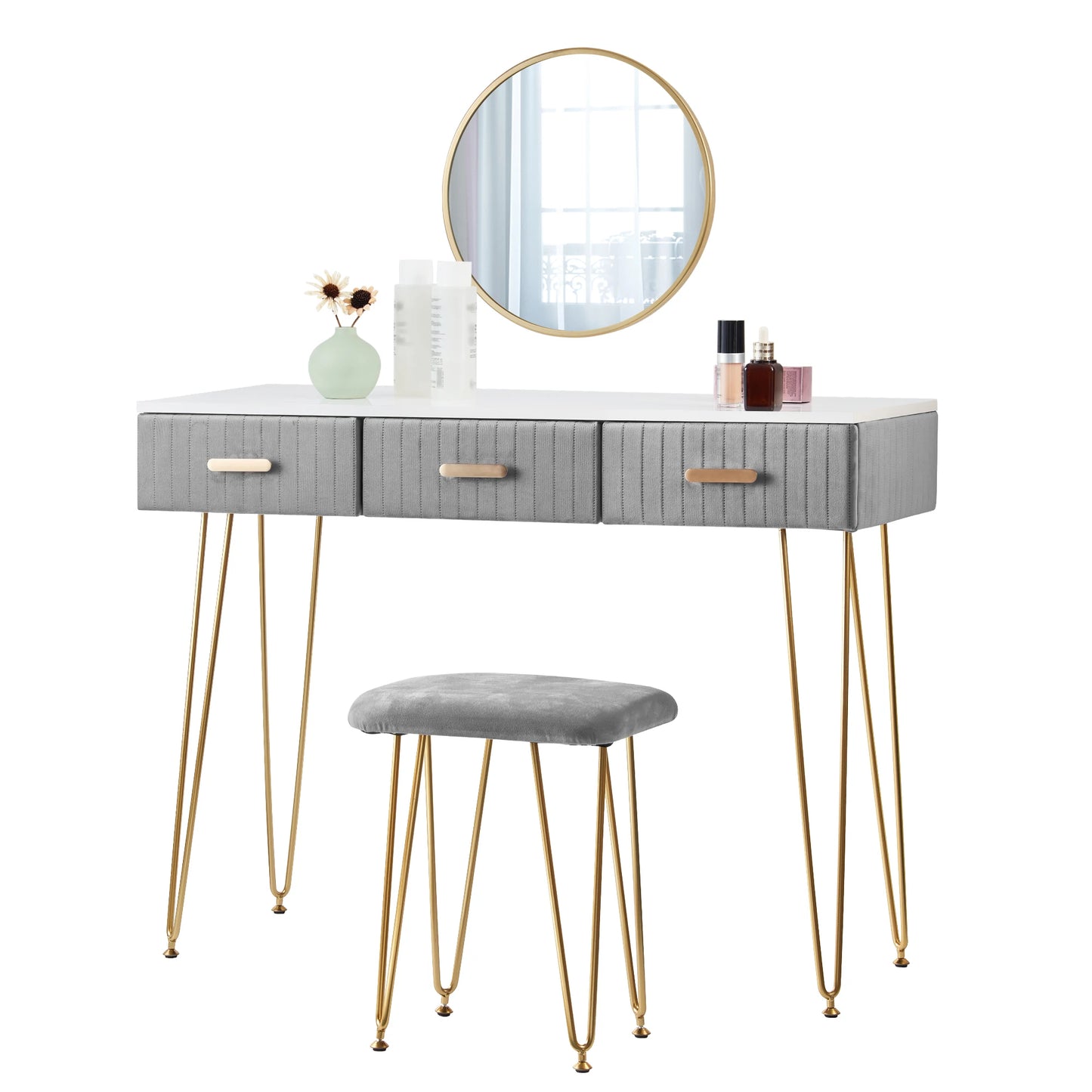 Modern Dresser Dressing Table with Stool Mirror Drawers Cosmetic Table for Bedroom Pink/Grey Makeup Vanity Table Home Furniture