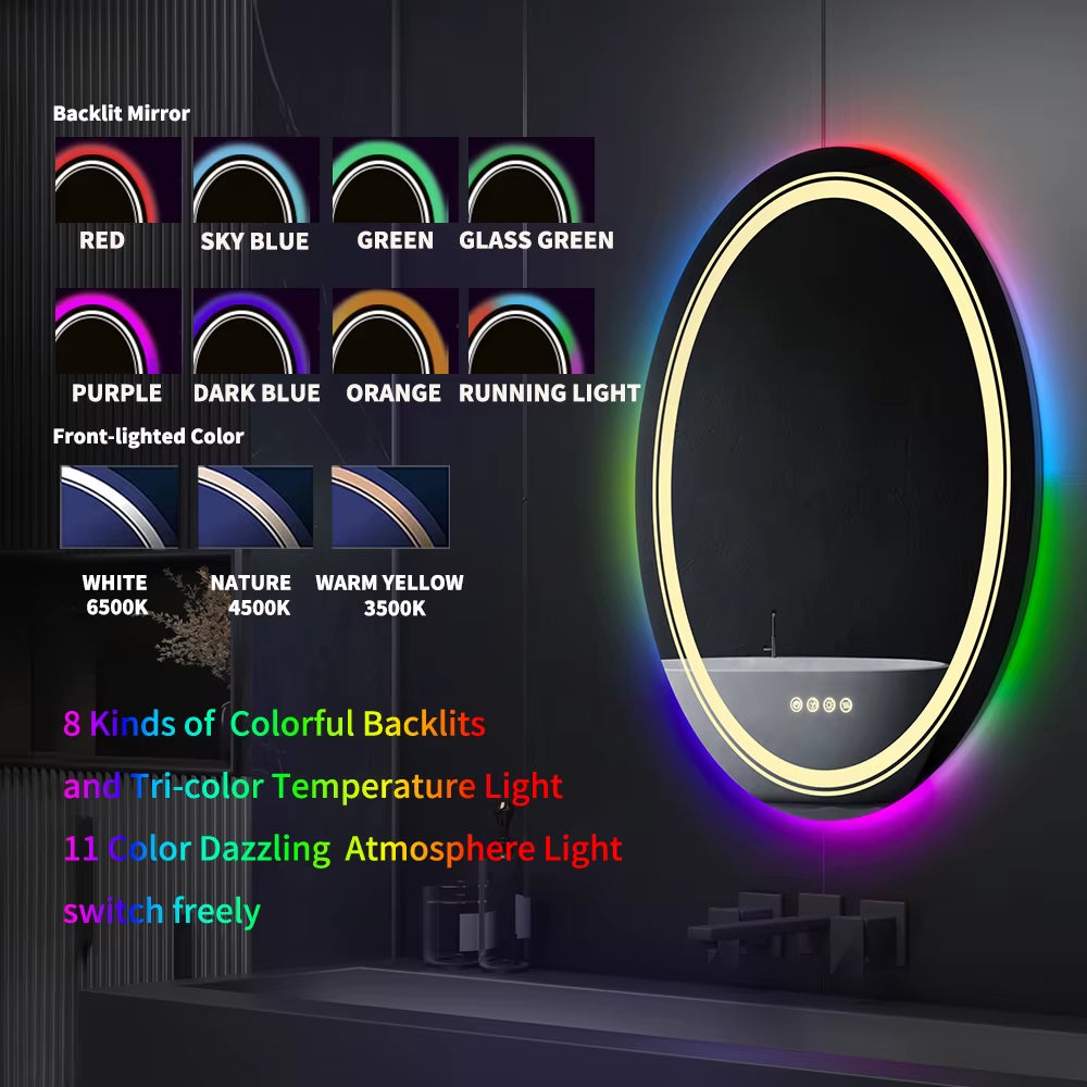 RGB Bathroom Mirror with Light Smart Oval LED Dimmable Anti-Fog Shower Mirror with Touch Screen