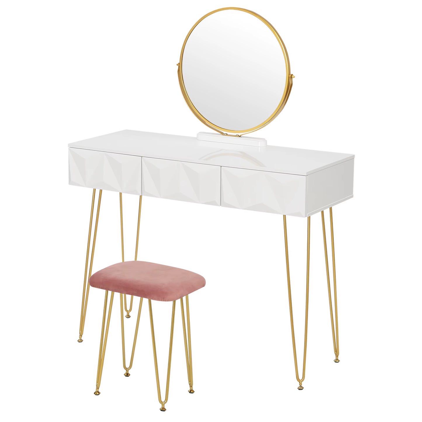 1SET White Gold Dressing Table with 360° Swivel Mirror 3 Drawers 3D Effect Velvet Stool Cosmetic Makeup Vanity Table for Bedroom