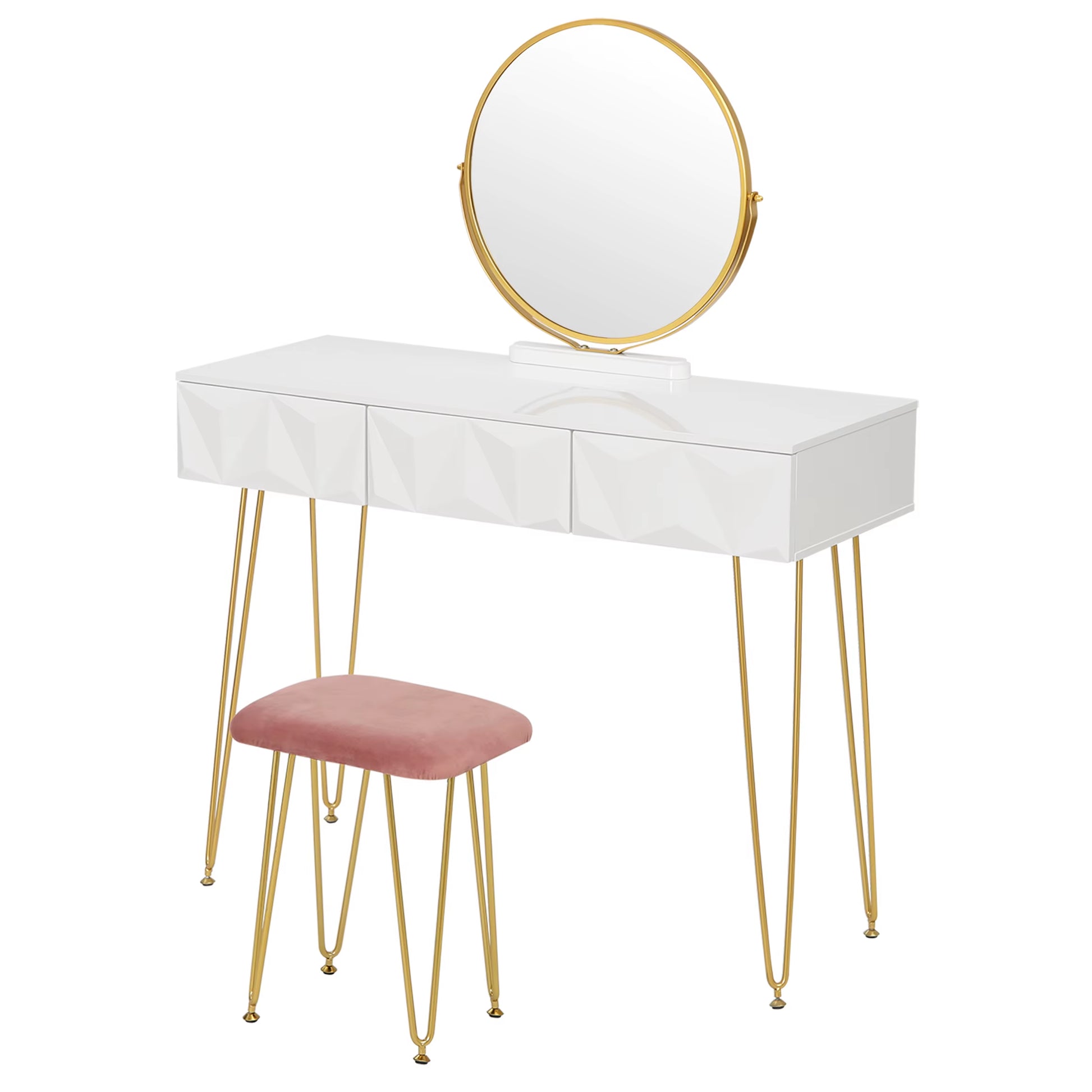 1SET White Gold Dressing Table with 360° Swivel Mirror 3 Drawers 3D Effect Velvet Stool Cosmetic Makeup Vanity Table for Bedroom