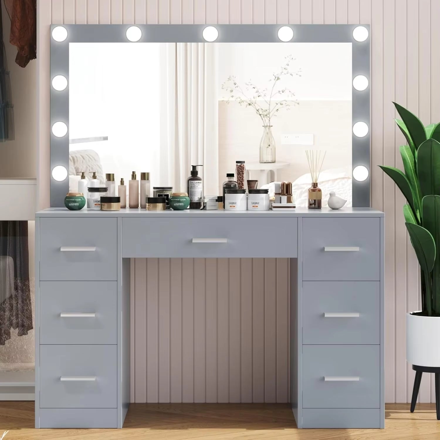 Vanity Table, Makeup Table with Lighted Mirror, 3 Color Lighting Modes, Brightness Adjustable, Dressing Table with Drawers