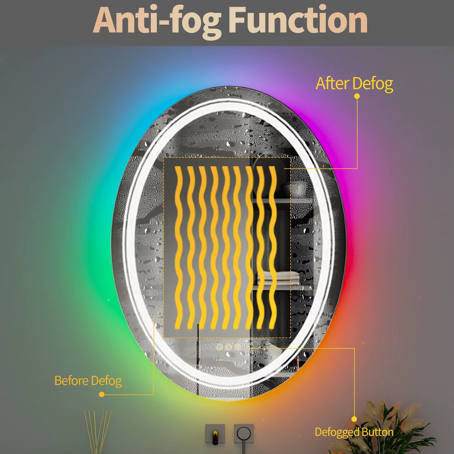 RGB Bathroom Mirror with Light Smart Oval LED Dimmable Anti-Fog Shower Mirror with Touch Screen