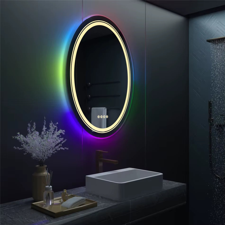 RGB Bathroom Mirror with Light Smart Oval LED Dimmable Anti-Fog Shower Mirror with Touch Screen