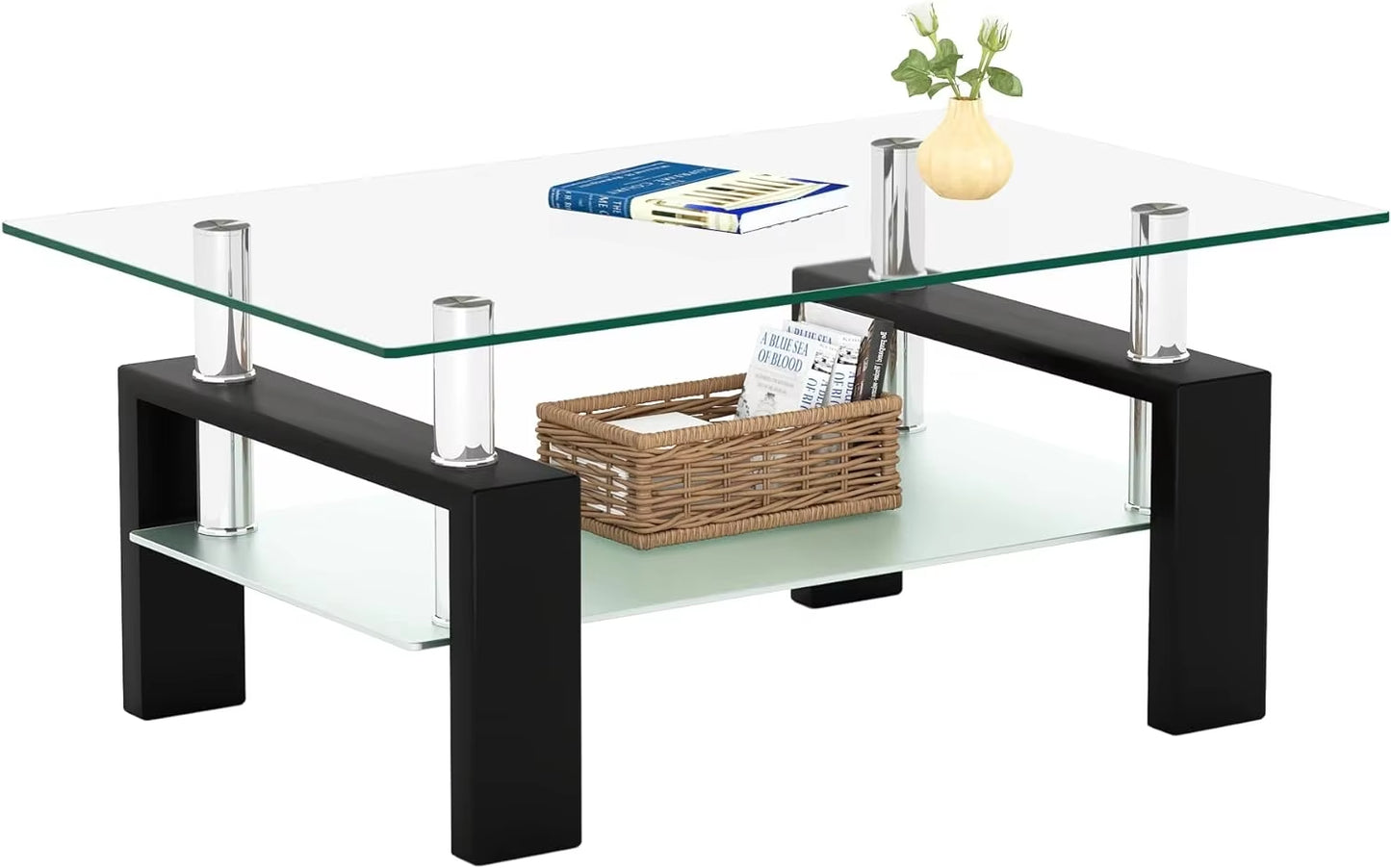 Rectangle Glass Coffee Table 2-Tier Tea Table Modern Side Coffee Table for Living Room Black