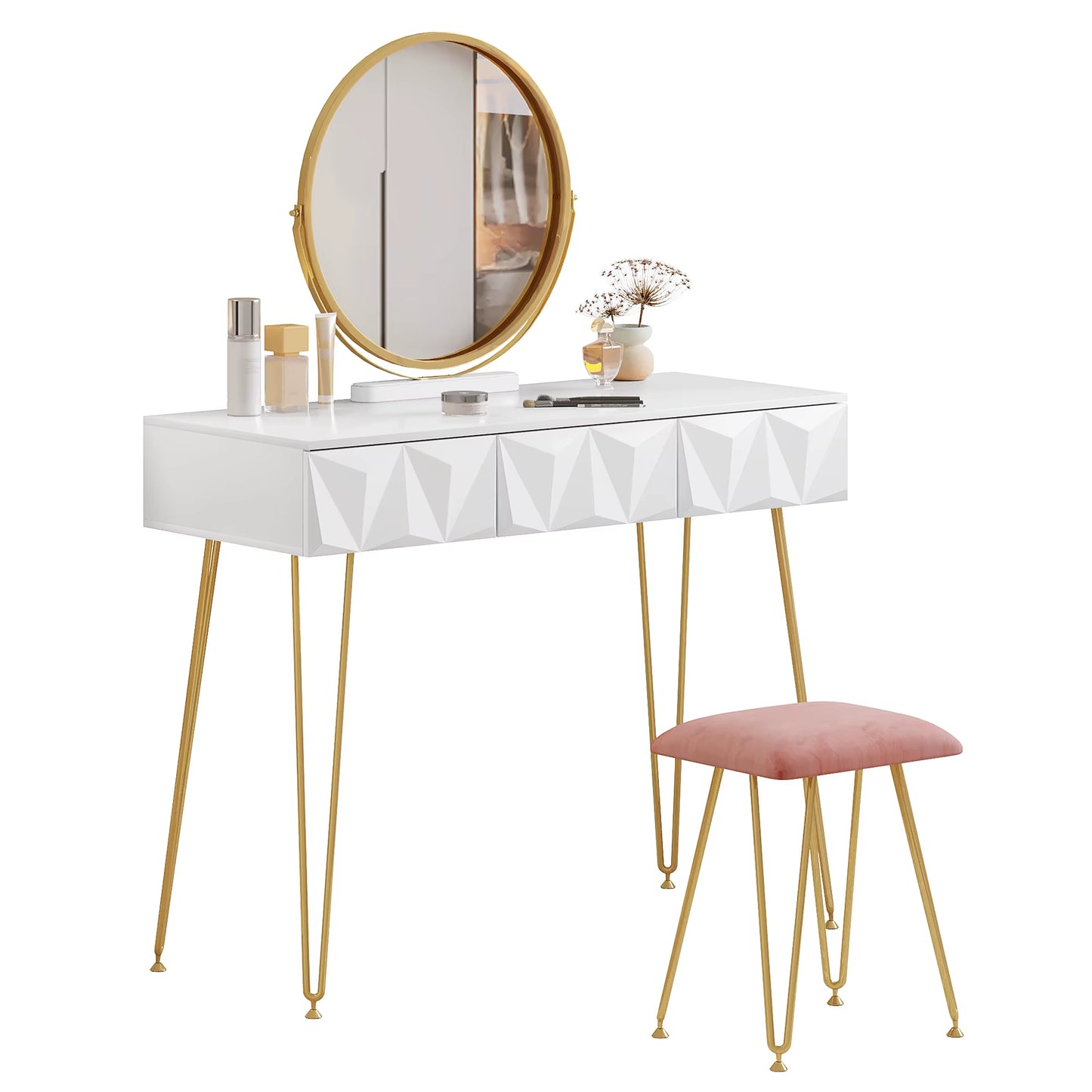 1SET White Gold Dressing Table with 360° Swivel Mirror 3 Drawers 3D Effect Velvet Stool Cosmetic Makeup Vanity Table for Bedroom