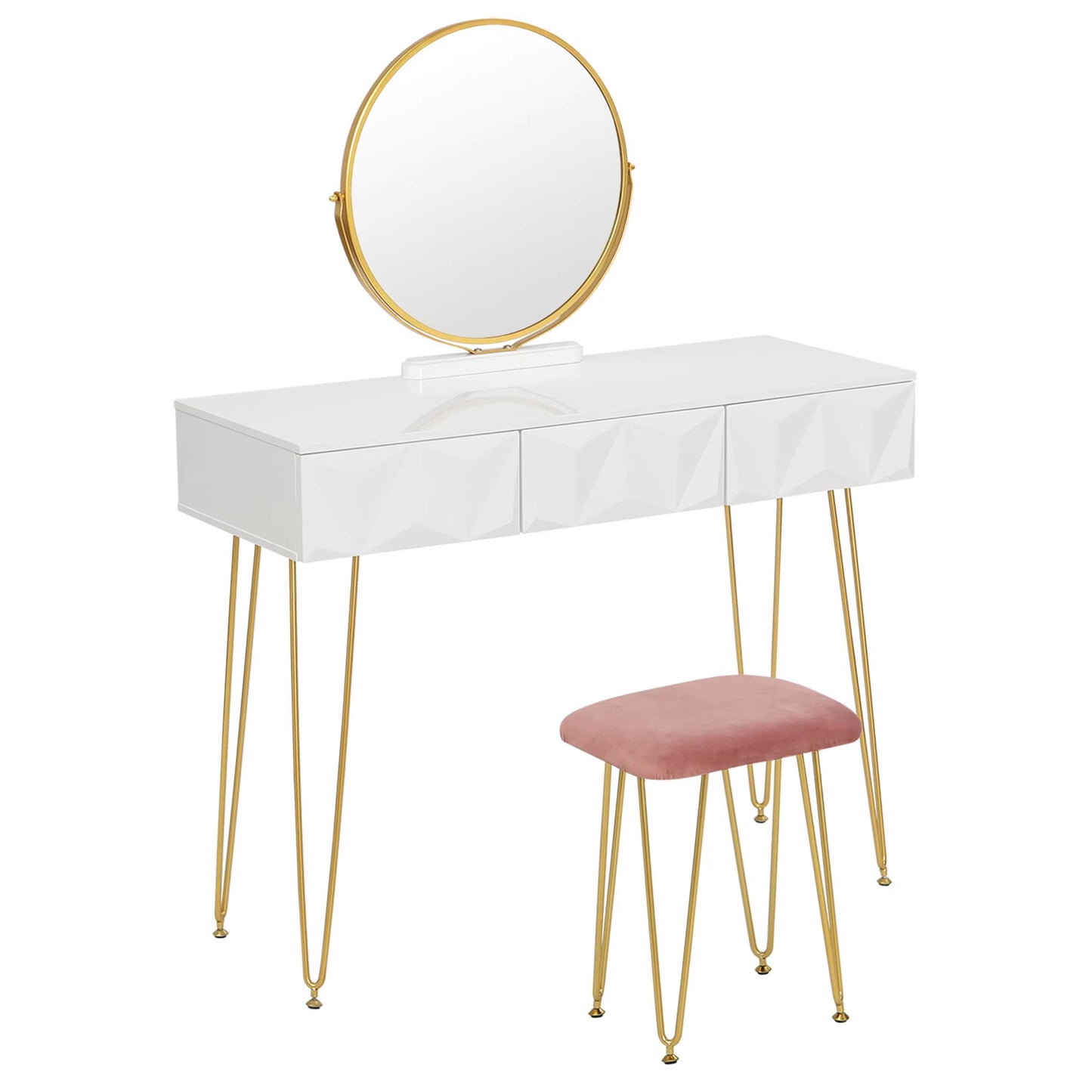 1SET White Gold Dressing Table with 360° Swivel Mirror 3 Drawers 3D Effect Velvet Stool Cosmetic Makeup Vanity Table for Bedroom