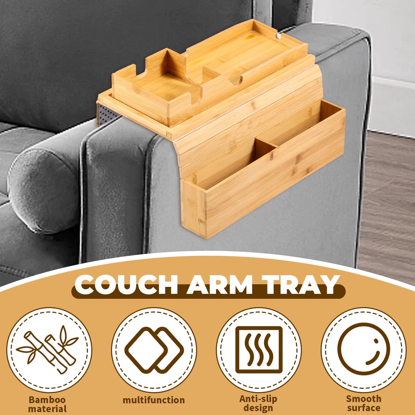 Bamboo Couch Cup Holder with Side Storage Pocket Anti-Slip Bamboo Sofa Armrest Tray Foldable Sofa Cup Holder for Cup Snack Drink