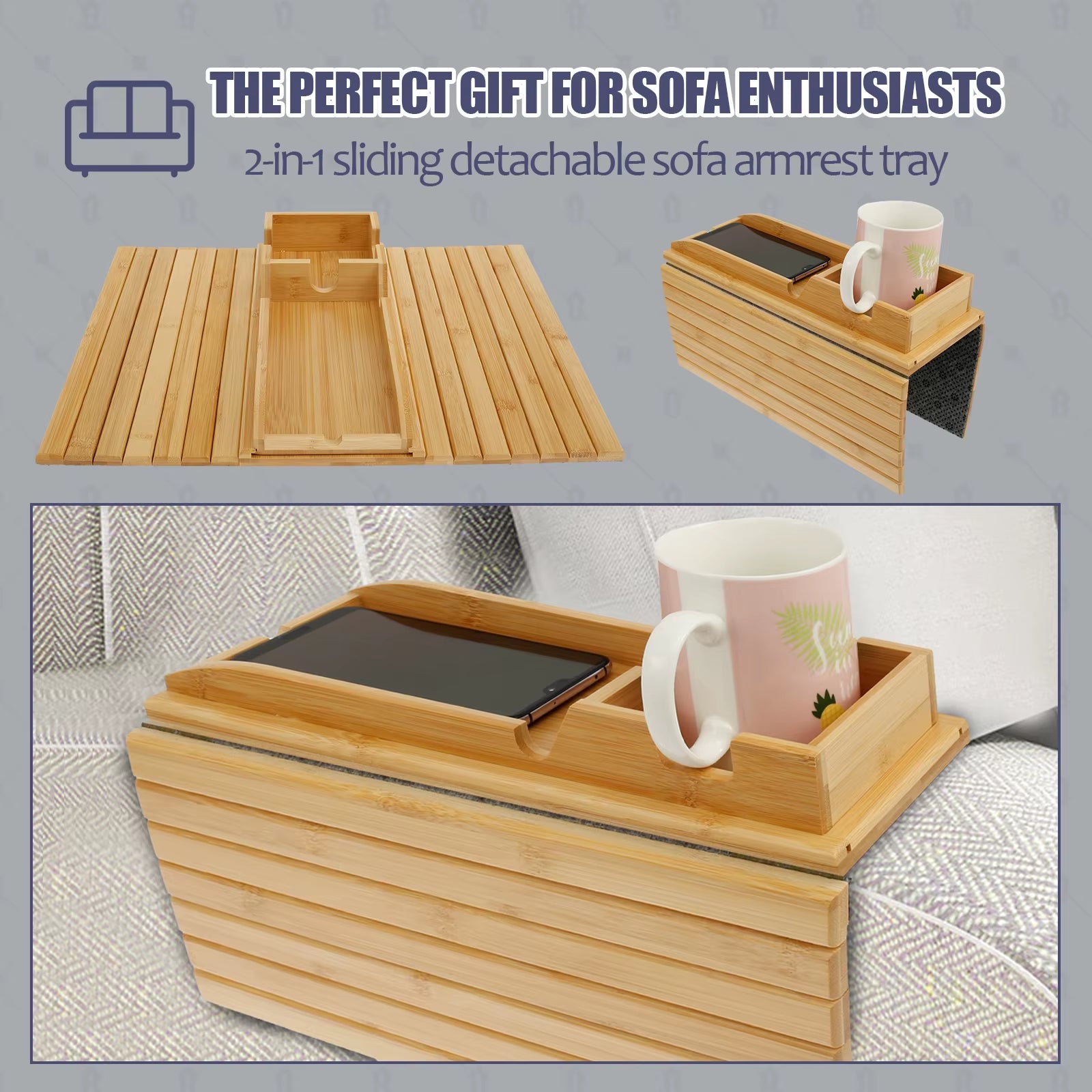 Couch Cup Holder Bamboo Wood Sofa Armrest Tray Foldable Sofa Cup Holder Anti-Slip Couch Arm Cup Holder Sofa Side Storage Tray