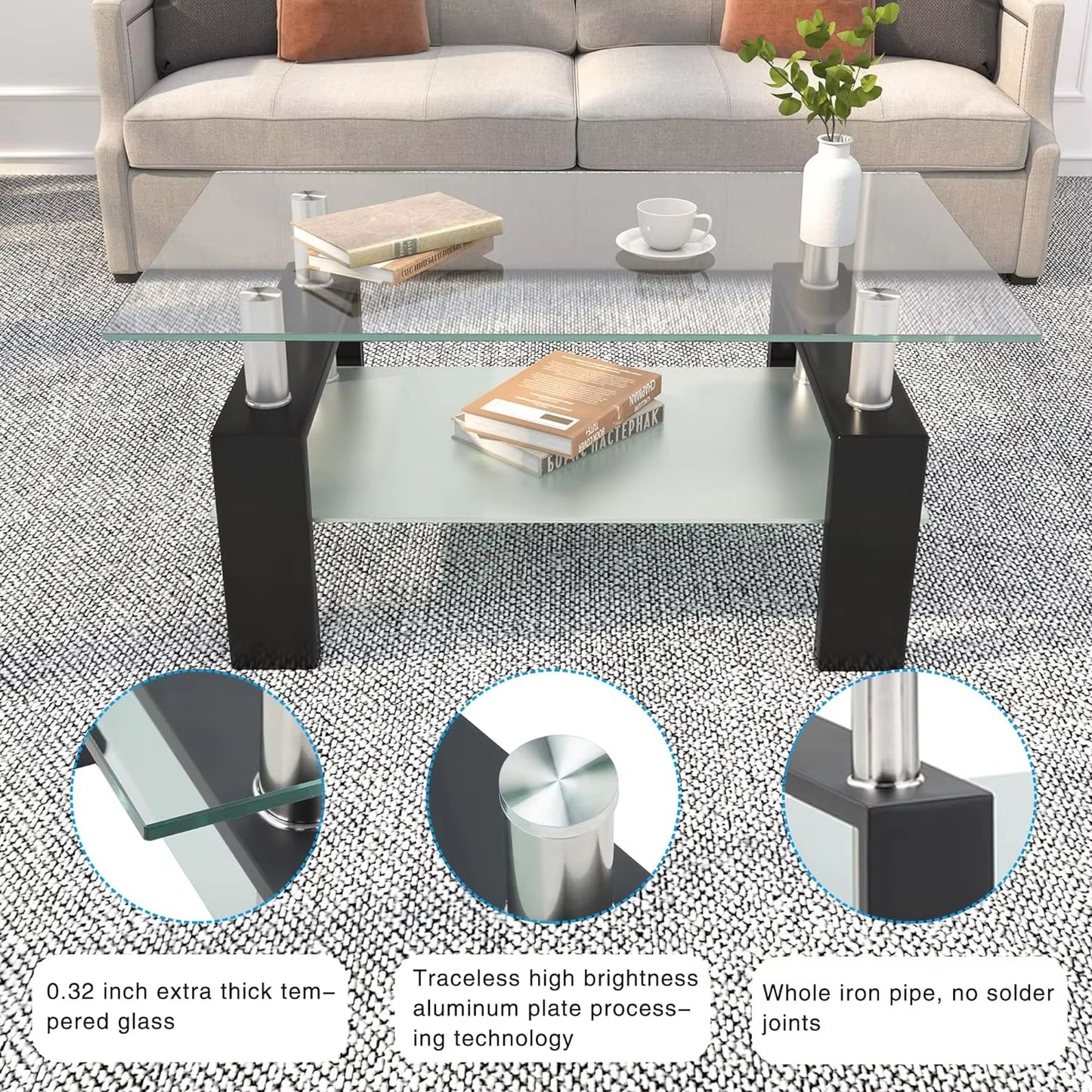 Rectangle Glass Coffee Table 2-Tier Tea Table Modern Side Coffee Table for Living Room Black