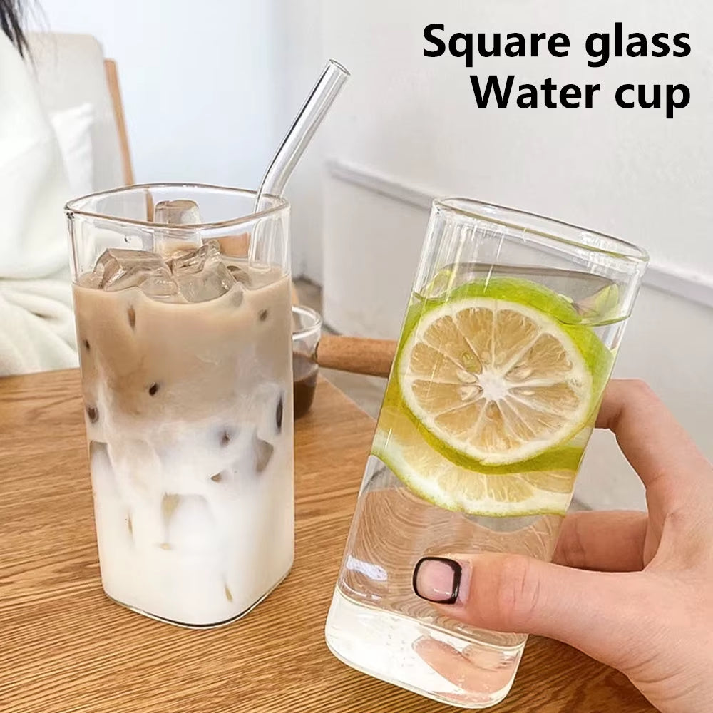 400Ml Cuboid Stripe Glass Cup Transparent Glass with Lid and Straw Ice Coffee Mug Tea Cup Juice Glass Water Cups Drinkware