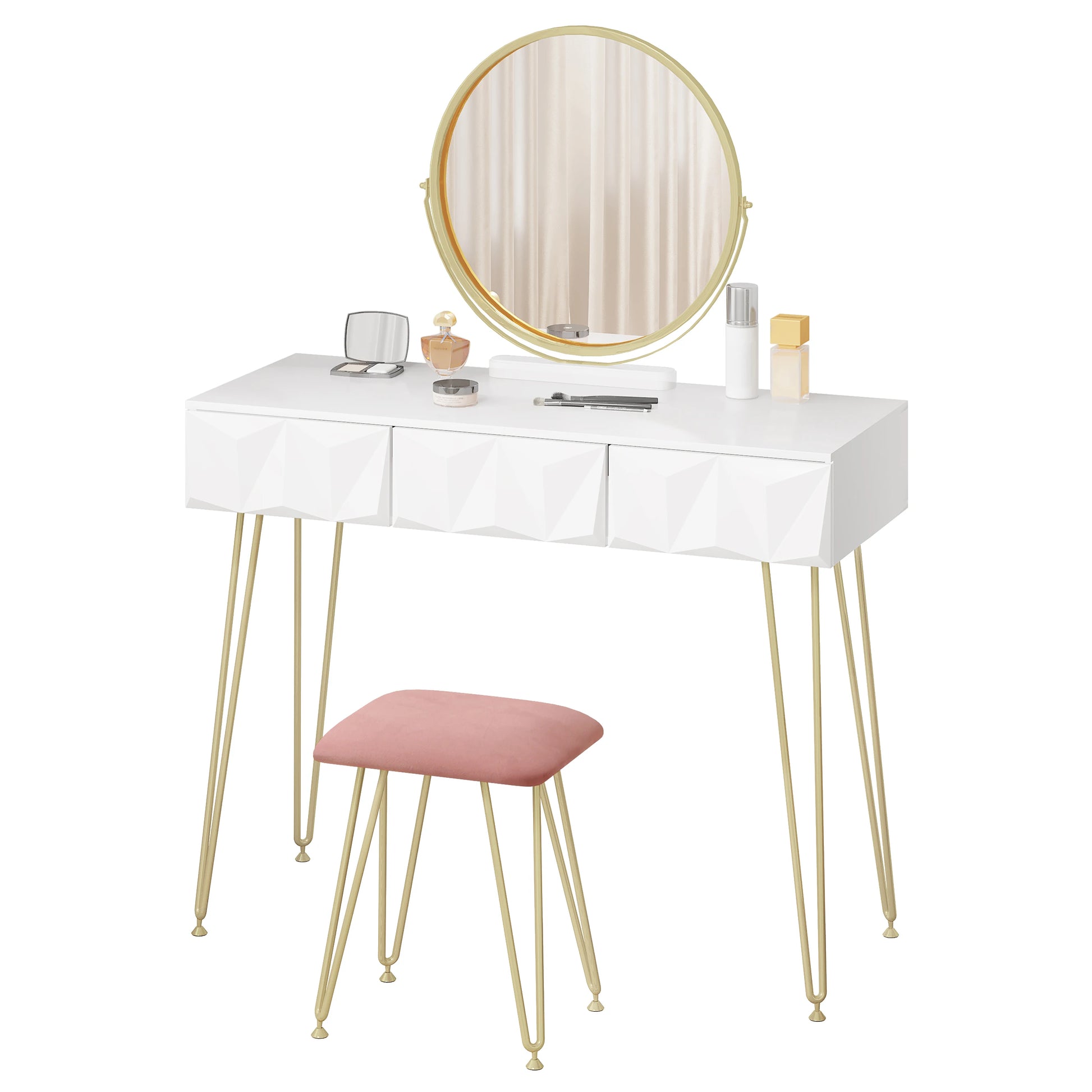 1SET White Gold Dressing Table with 360° Swivel Mirror 3 Drawers 3D Effect Velvet Stool Cosmetic Makeup Vanity Table for Bedroom