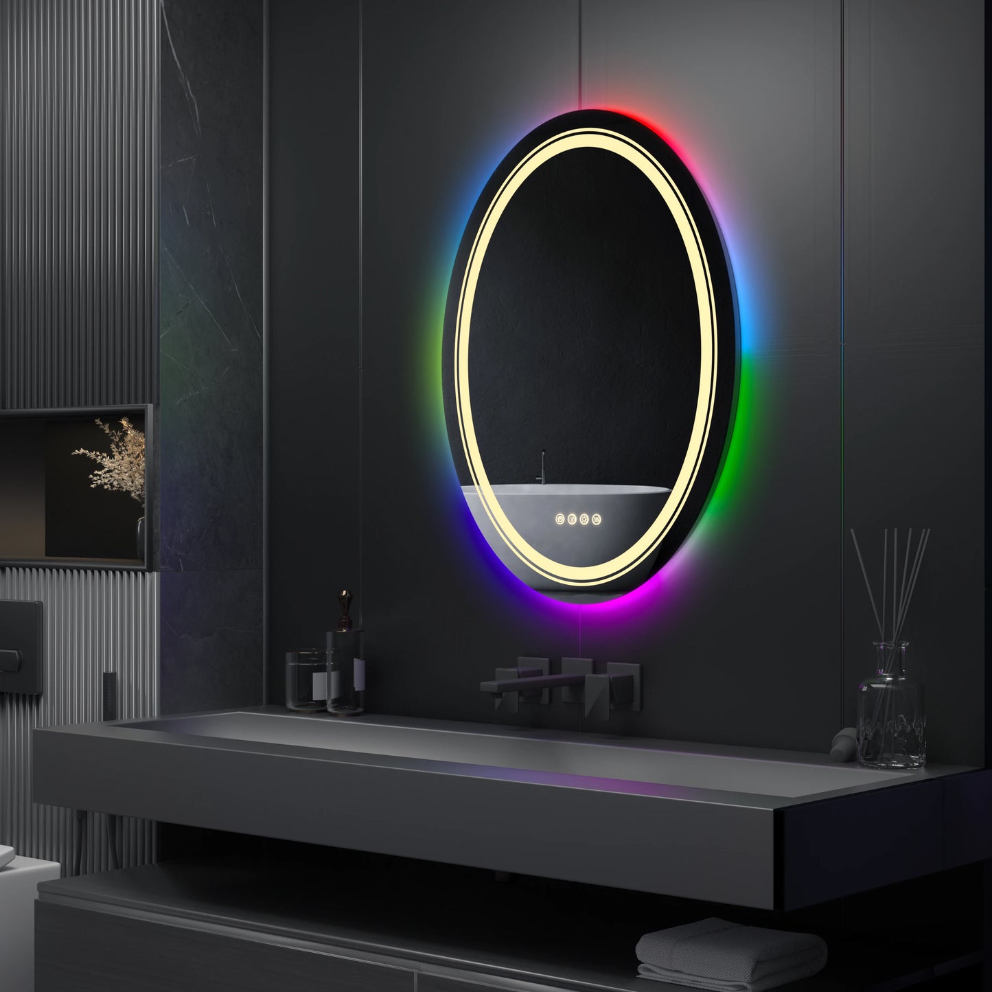 RGB Bathroom Mirror with Light Smart Oval LED Dimmable Anti-Fog Shower Mirror with Touch Screen