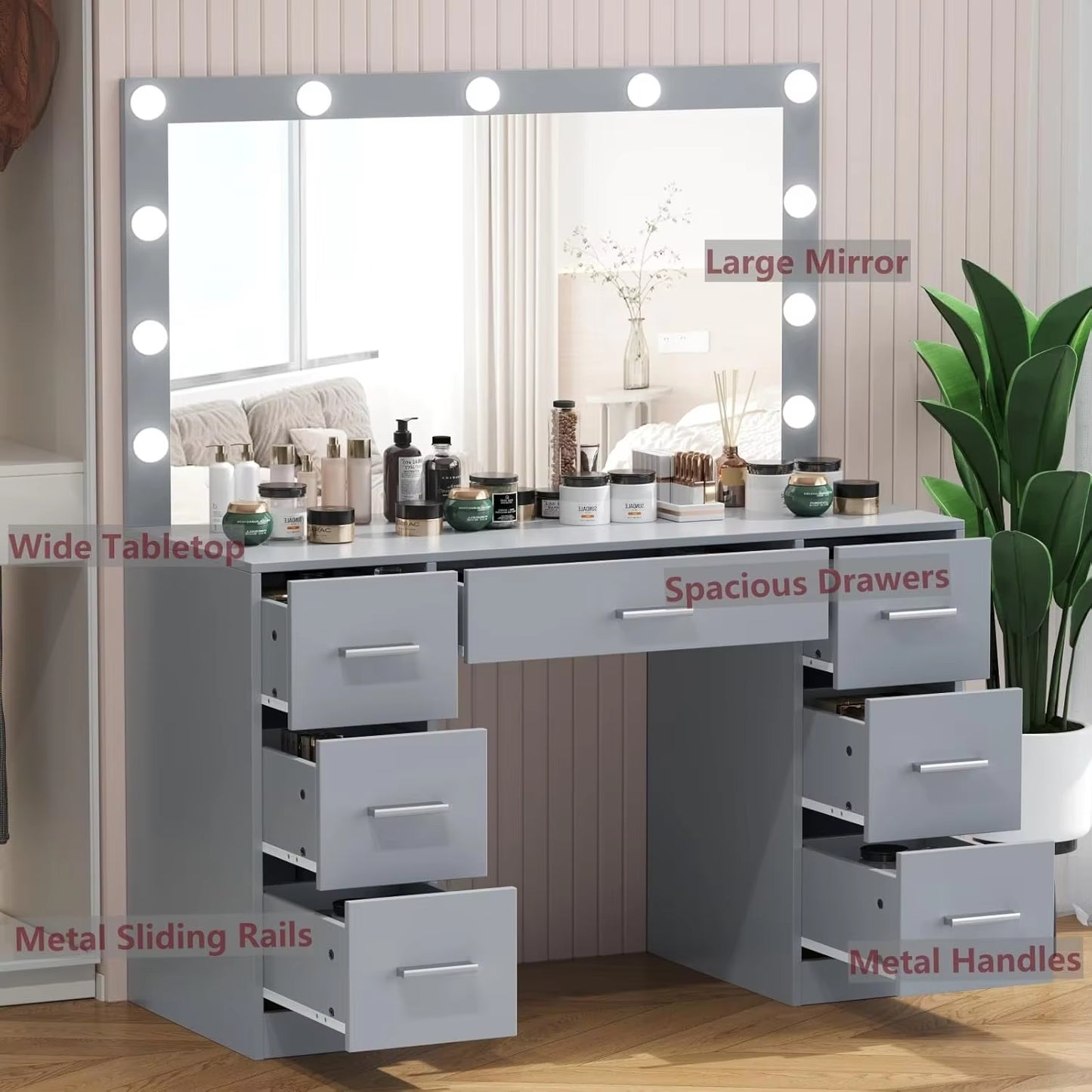 Vanity Table, Makeup Table with Lighted Mirror, 3 Color Lighting Modes, Brightness Adjustable, Dressing Table with Drawers