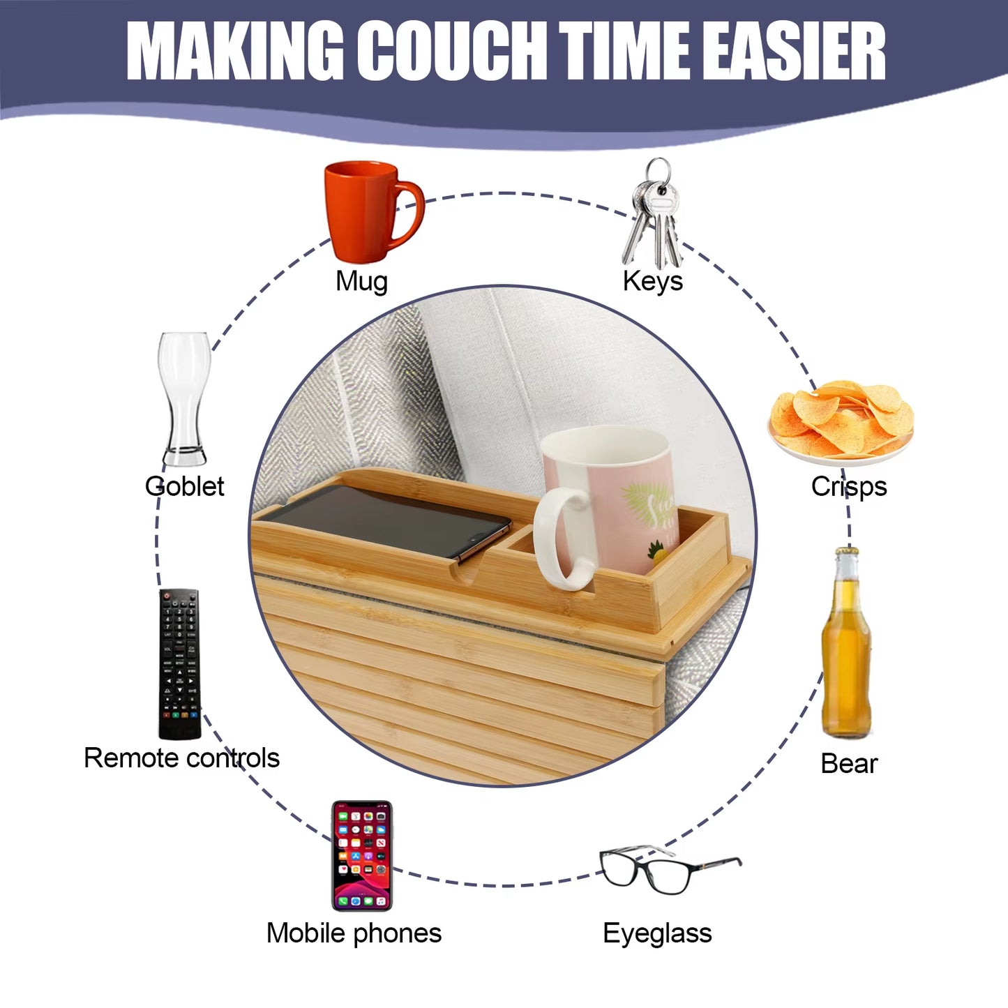 Couch Cup Holder Bamboo Wood Sofa Armrest Tray Foldable Sofa Cup Holder Anti-Slip Couch Arm Cup Holder Sofa Side Storage Tray