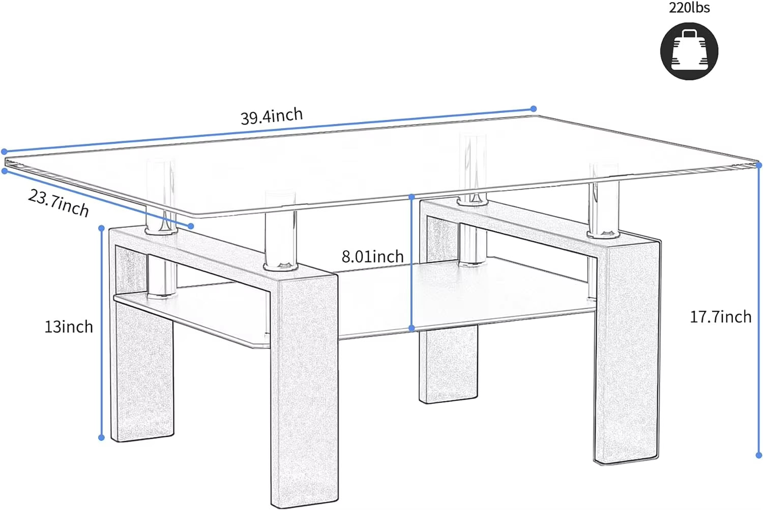 Rectangle Glass Coffee Table 2-Tier Tea Table Modern Side Coffee Table for Living Room Black