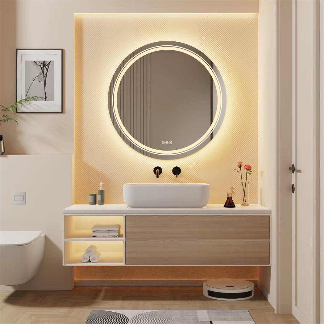 round Smart Mirror Bathroom Illuminate Waterproof Wash Basin Shower Vanity Mirror with Touch Screen