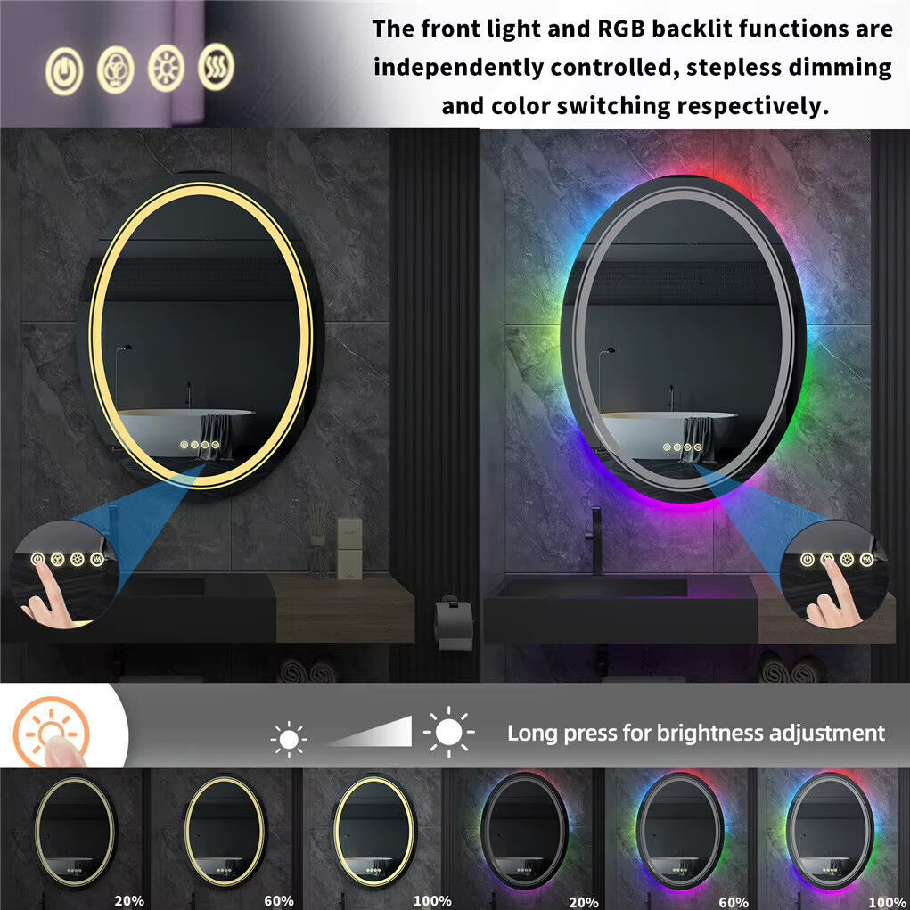 RGB Bathroom Mirror with Light Smart Oval LED Dimmable Anti-Fog Shower Mirror with Touch Screen