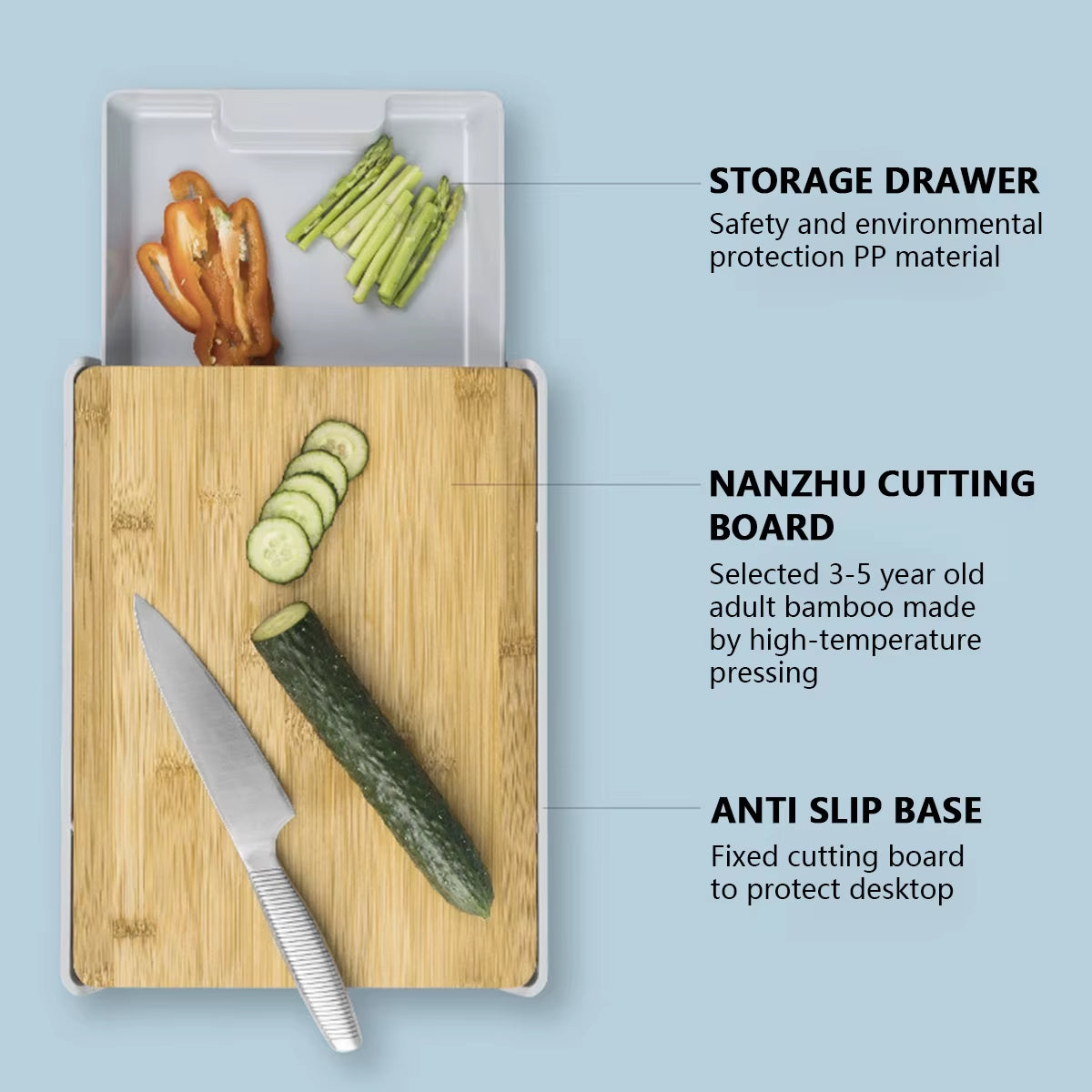 Bamboo Cutting Board with Slide-Out Drawer Tray Wear Resistance Space-Saving Drawer Cutting Board Eco-Friendly Kitchen Gadgets