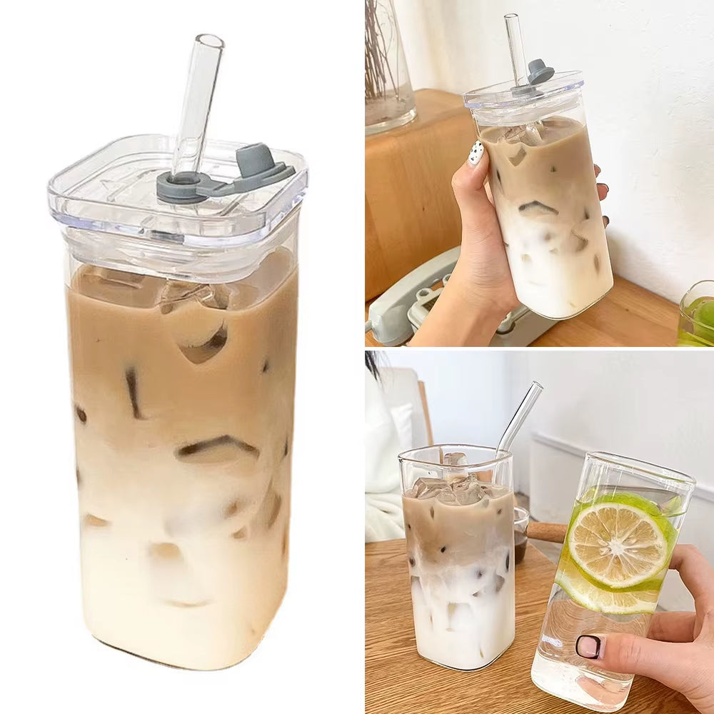 400Ml Cuboid Stripe Glass Cup Transparent Glass with Lid and Straw Ice Coffee Mug Tea Cup Juice Glass Water Cups Drinkware