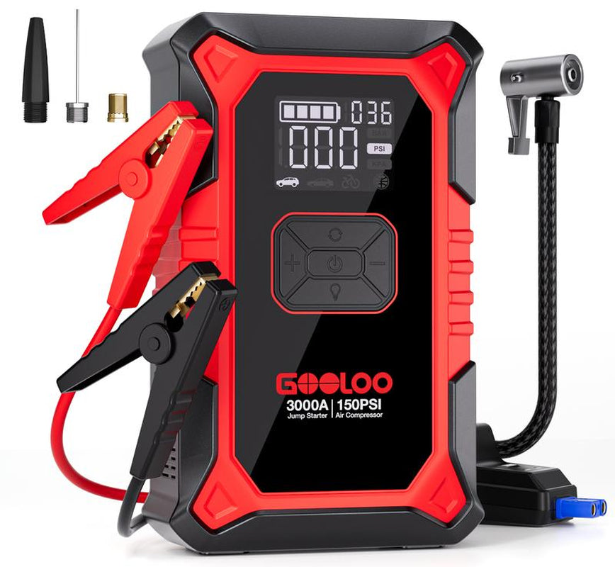 GOOLOO A3 Portable Car Jump Starter with Air Compressor, 3000A Car Battery Jump Starter (9.0 Gas/6.5L Diesel) with 150PSI Digital Tire Inflator