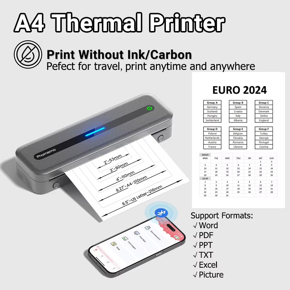 M832 Portable Printer A4 BT Printer for Travel 300Dpi Wireless Inkless Thermal Printer Use in Ios Android Phone Laptop