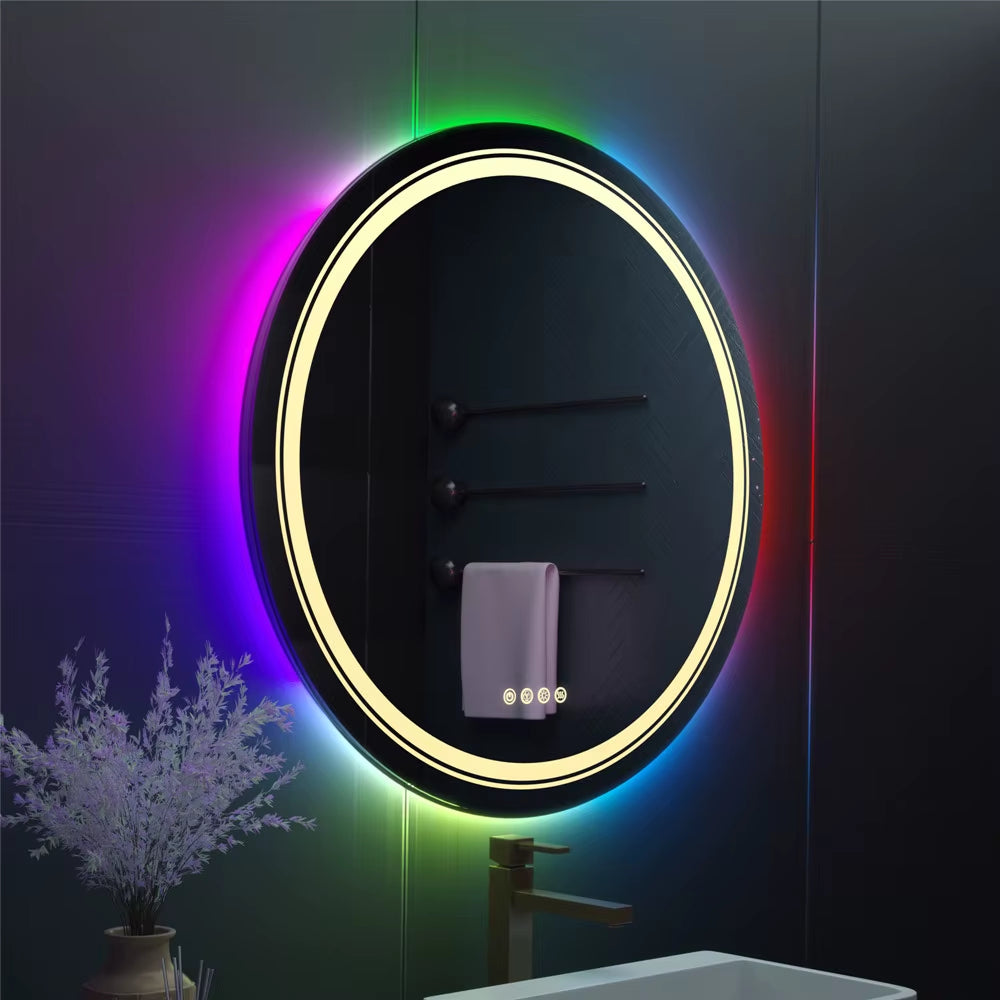 RGB Bathroom Mirror with Light Smart Oval LED Dimmable Anti-Fog Shower Mirror with Touch Screen