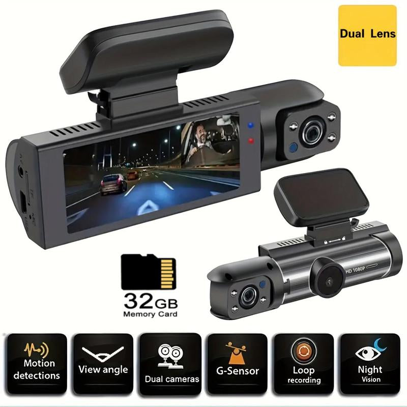 3.16 Inch Screen Car Dash Cam with 32G Card, 1080P HD Car Dash Cam, Front & inside Dual Recording Car DVR, Full HD Recorder with IR Night Vision & Loop Recording, Video Surveillance